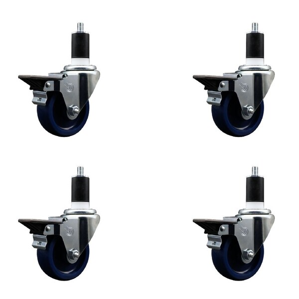 3.5'' Solid Poly Swivel 1-1/2'' Expanding Stem Caster Set with Brake, 4PK